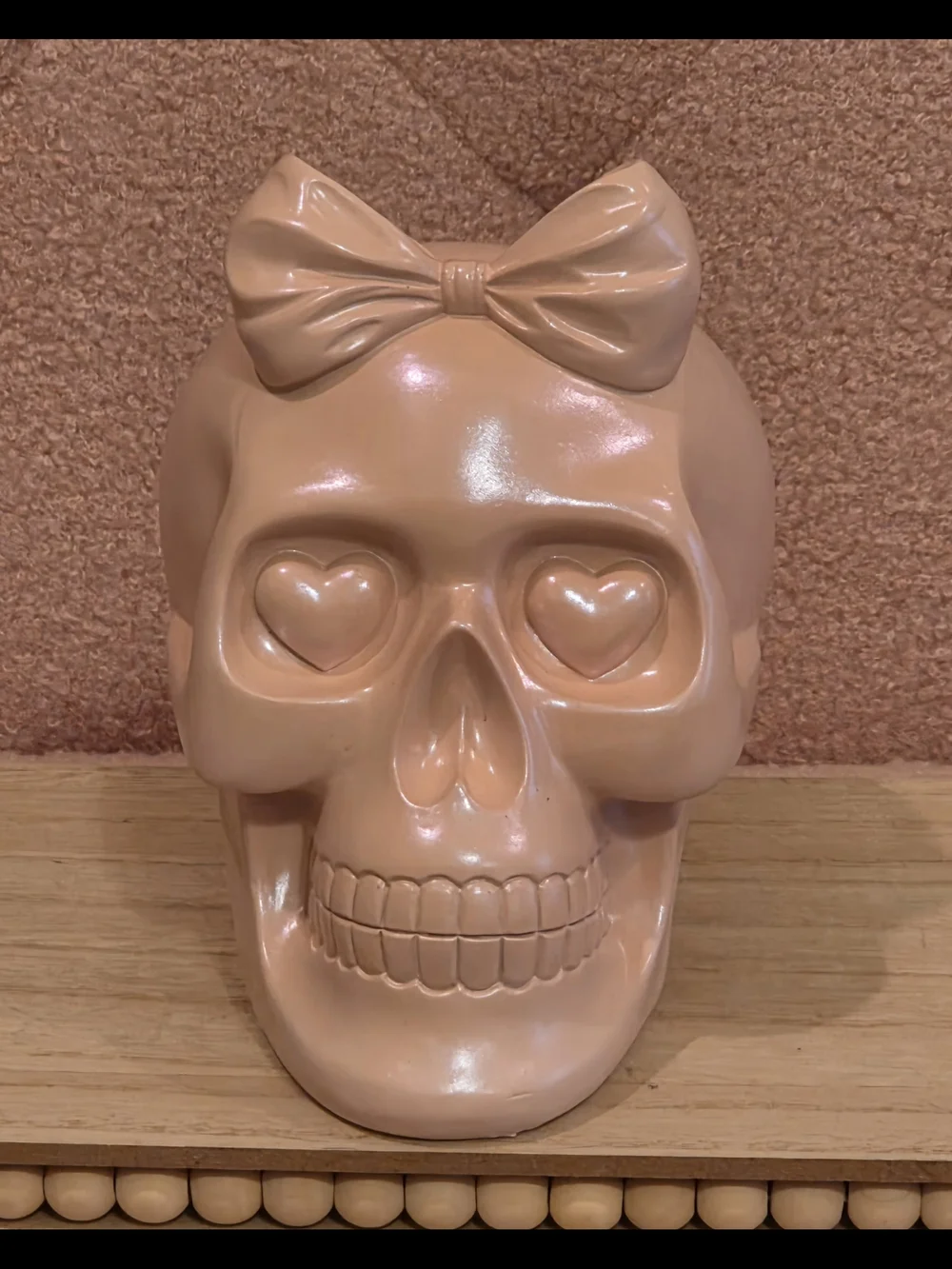 Bow Accent Heart-Eye Skull Figurine in Blush Pink
